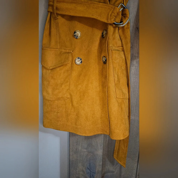 ZARA Faux suede belted utility mini dress romper. Mustard tan color. Size Medium - Picture 7 of 16